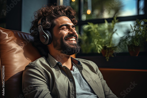 Young man in headphones listening to music at home. man sitting on sofa