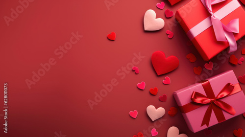 Valentines Day red background with red and pink hearts and gift © tashechka