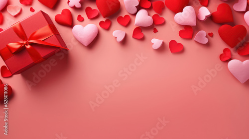 Valentines Day red background with red and pink hearts and gift © tashechka