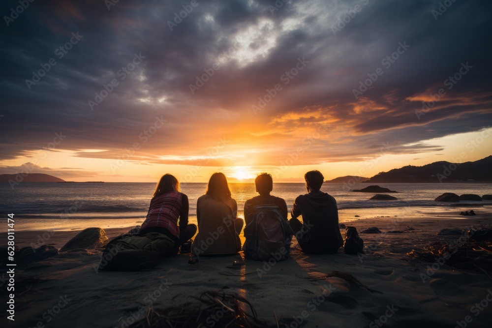 Group Of Travelers Admiring A Stunning Sunset, Generative AI