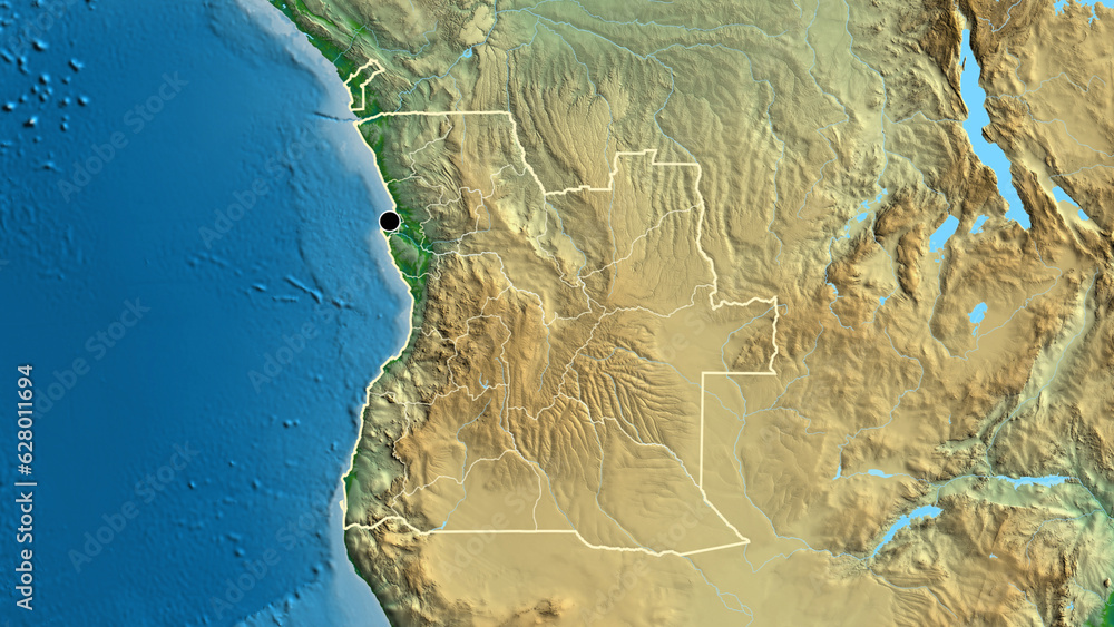 Shape of Angola with regional borders. Physical.