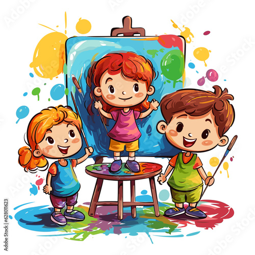 AI generated. Vector illustration. Children standing in front of a painting showing their work. Children showing a painting. Multi colored.