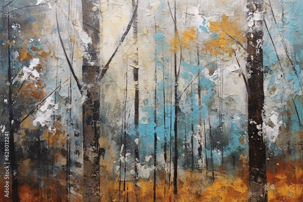 Naklejka premium The first snow in the autumn park, an illustration in the style of oil painting. Generated by Ai