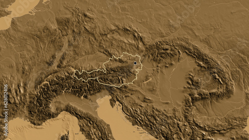 Shape of Austria. Outlined. Sepia elevation.