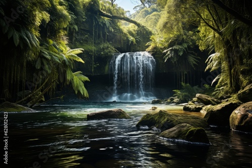 Majestic Waterfall Surrounded By Lush Forest  Generative AI