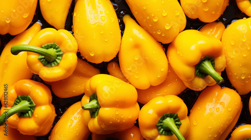 Fresh yellow bell peppers with water drops background. Vegetables backdrop. Generative AI photo