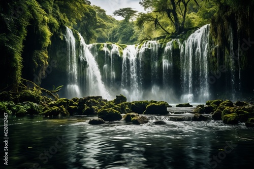 Majestic Waterfall Surrounded By Lush Forest  Generative AI