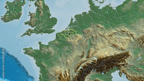 Shape of Belgium with regional borders. Relief.