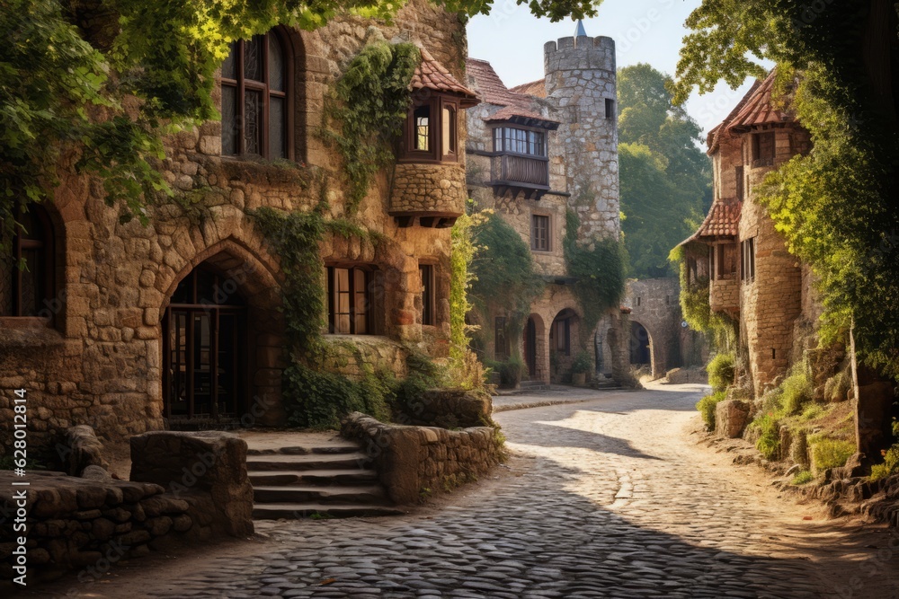 Pictresque Medieval Town With Cobbles Road, Generative AI 
