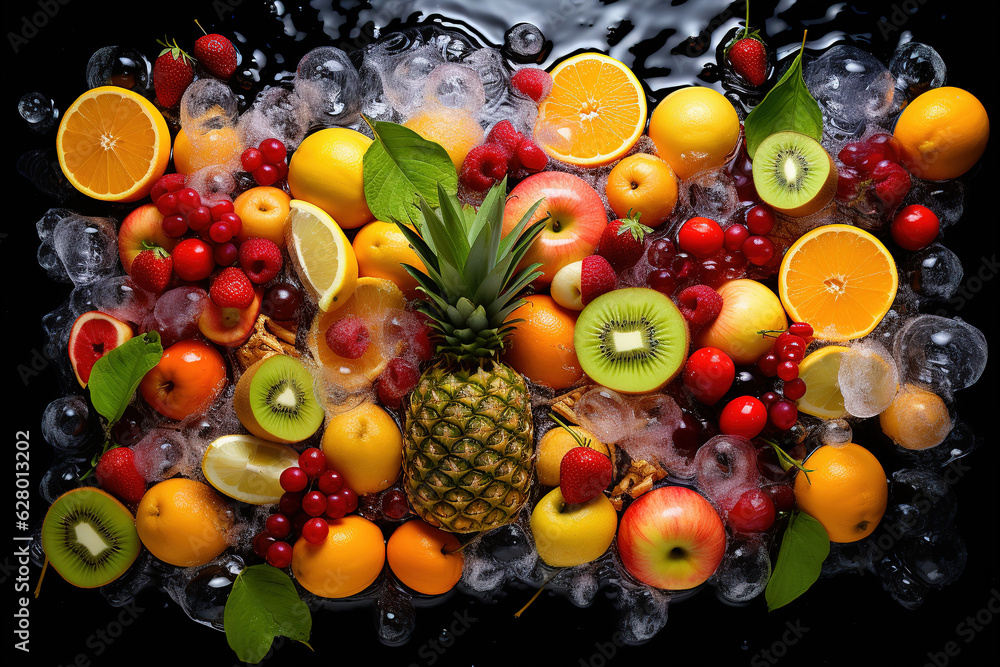Fresh fruits falling in blue water splash, isolated on white background Fresh fruits falling in blue water splash, isolated on white background