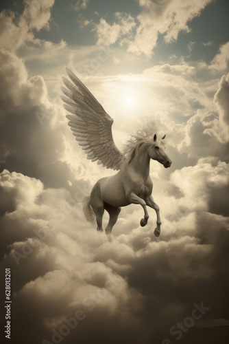 The mythological horse Pegasus  the patron saint of writers and poets  rides in the clouds in the sunlight bringing good luck to all creative people. Generated by Ai