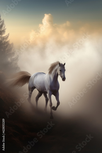 A white horse gallops out of the fog in the rays of the morning rising sun. Generated by Ai © Игорь Кляхин