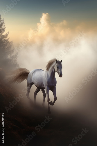 A white horse gallops out of the fog in the rays of the morning rising sun. Generated by Ai