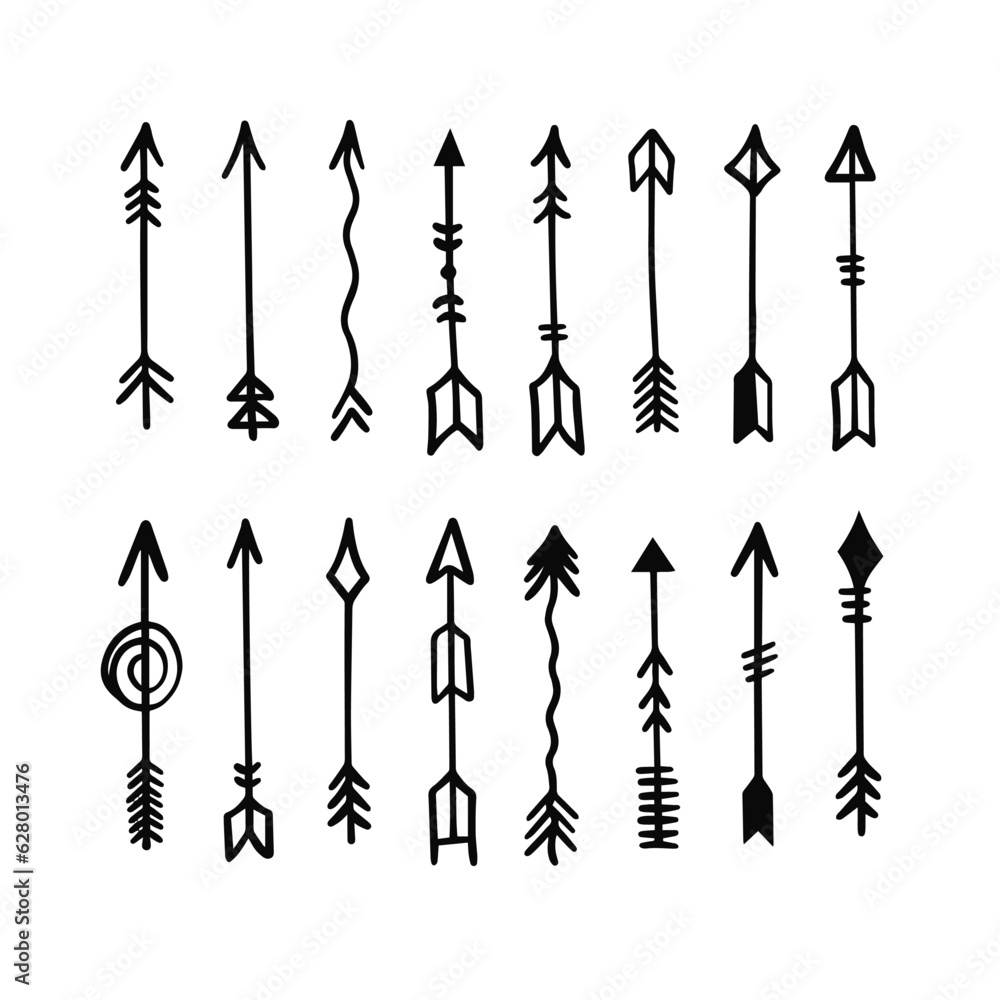 Rustic arrows set. Hand drawn black color line art. Rustic arrows set. Hand drawn black color line art.