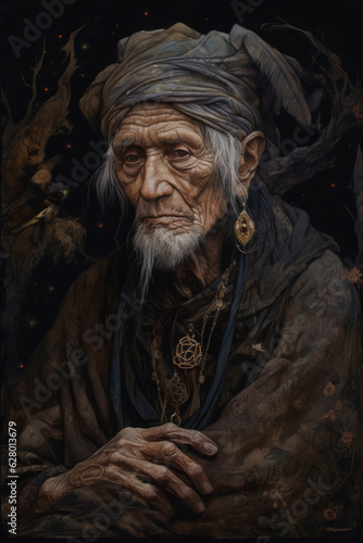 Portrait of an old shaman. Generated by Ai