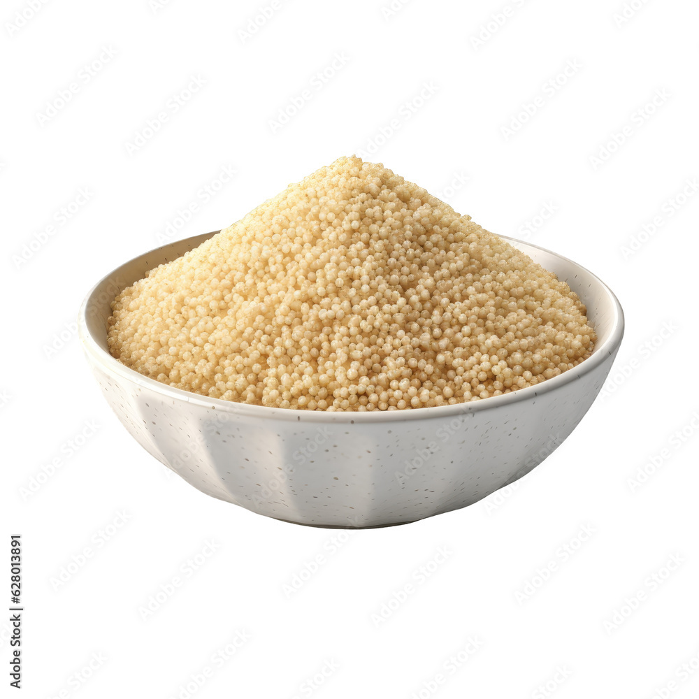 Front view of isolated ceramic bowl full of raw quinoa on a cutout PNG transparent background Front view of isolated ceramic bowl full of raw quinoa on a cutout PNG transparent background