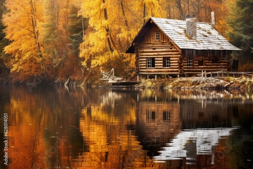rustic log cabin reflecting on a calm river