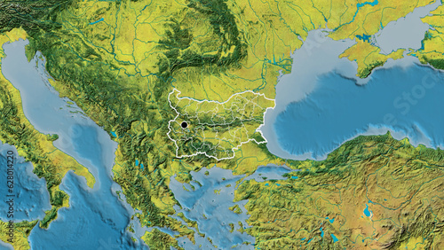Shape of Bulgaria with regional borders. Topographic.