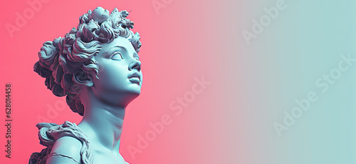 Marble statue of the head of Aphrodite in a pensive pose on a pastel gradient background