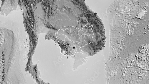 Shape of Cambodia with regional borders. Grayscale.