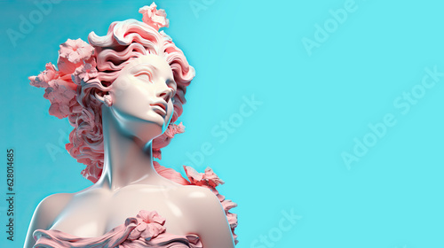 Gypsum statue of the head of Aphrodite in a pensive pose on a pastel gradient background photo