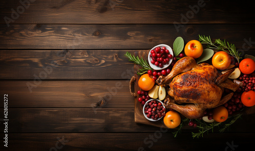 Thanksgiving dinner background concept with turkey roasted and all sides dishes, fall leaves, pumpkin and seasonal autumnal decor on dark background, top view, copy space. Wooden background photo