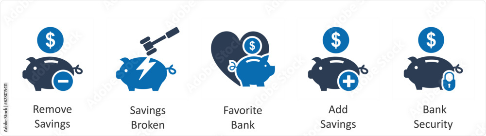 A set of 5 business icons as remove savings, savings broken, favorite bank A set of 5 business icons as remove savings, savings broken, favorite bank