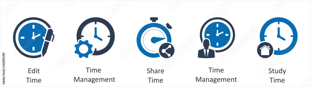 A set of 5 business icons as edit time, time management, share time A set of 5 business icons as edit time, time management, share time