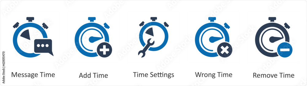 A set of 5 business icons as message time, add time, time settings