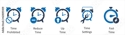 A set of 5 business icons as time prohibited, reduce time, up time