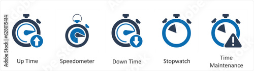 A set of 5 business icons as up time, speedometer, down time
