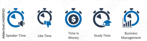 A set of 5 business icons as speaker time, like time, time is money
