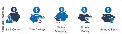 A set of 5 business icons as bank owner, time savings, online shopping