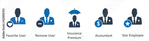 A set of 5 business icons as favorite user, remove user, insurance premium