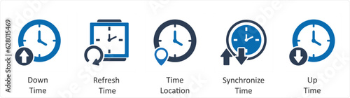 A set of 5 business icons as down time, refresh time, time location
