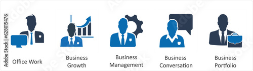A set of 5 business icons as office work, business growth, business management