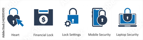 A set of 5 business icons as heart, financial lock, lock settings