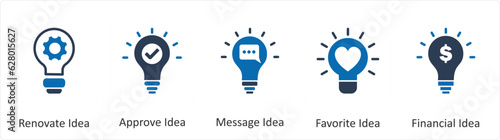 A set of 5 business icons as renovate idea, approve idea, message idea