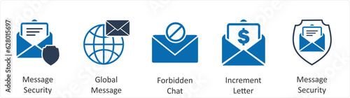 A set of 5 business icons as message security, global message, forbidden chat © popcornarts