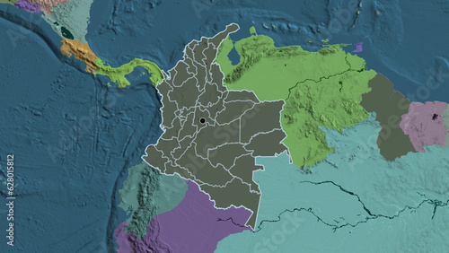 Shape of Colombia with regional borders. Administrative.