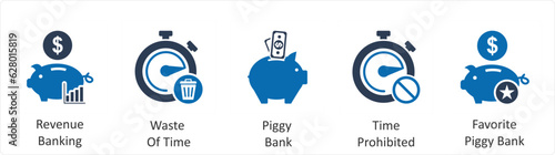 A set of 5 business icons as revenue banking, waste of time, piggy bank