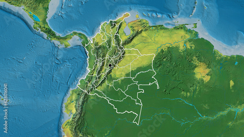 Shape of Colombia with regional borders. Topographic.