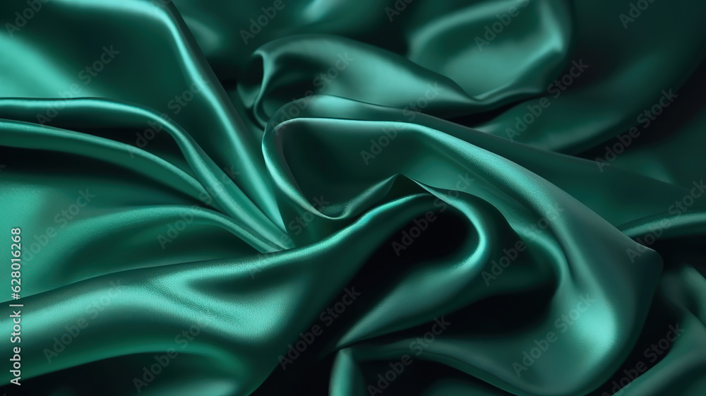 Green silk satin. Beautiful soft folds. Shiny fabric. Generative Ai Green silk satin. Beautiful soft folds. Shiny fabric. Generative Ai