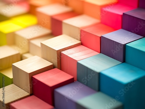 Spectrum of stacked multi-colored wooden blocks. Background or cover for something creative, diverse, expanding, rising or growing. Generative AI