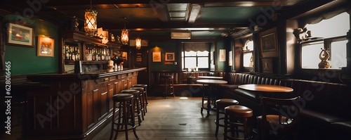 Tables of a pub style old bar, before oprating hours. Traditional or British style bar or pub interior. with wooden paneling. Retro vintage atmosphere. Generative AI photo