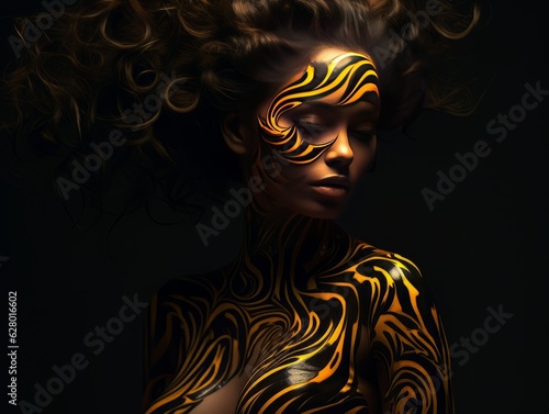 Portrait of African woman on black background  golden luxury body painting on face. Metallic golden professional makeup AI