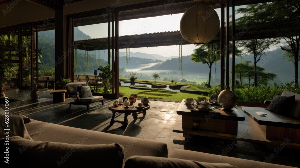 Fototapeta premium The design of hotels and resorts, the rooms are luxurious and classy, well arranged with sofas. Adjacent to nature, green fields surrounded by mountains