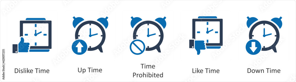 A set of 5 business icons as dislike time, up time, time prohibited A set of 5 business icons as dislike time, up time, time prohibited