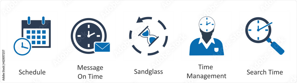 A set of 5 business icons as schedule, message on time, sandglass A set of 5 business icons as schedule, message on time, sandglass