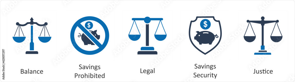 A set of 5 business icons as balance, savings prohibited, legal A set of 5 business icons as balance, savings prohibited, legal